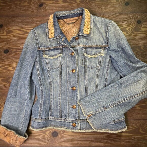 Elie Tahari Denim Jean Jacket Women Small Blue Distressed Embellished Lined Boho - Picture 1 of 13